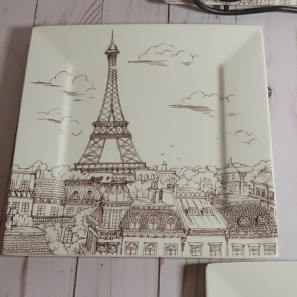 222 Fifth CITY SCENES Sepia Appetizer/dessert PARIS Eiffel Tower Plates Lot 4
